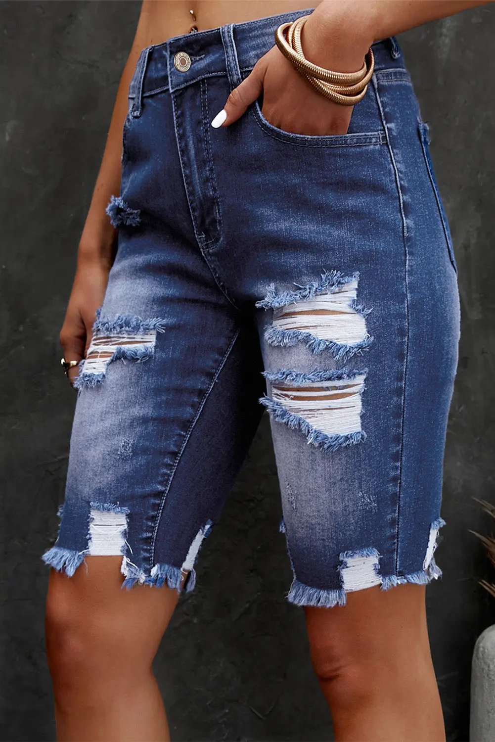Distressed Frayed Hem Denim Bermuda Shorts by Partner Label