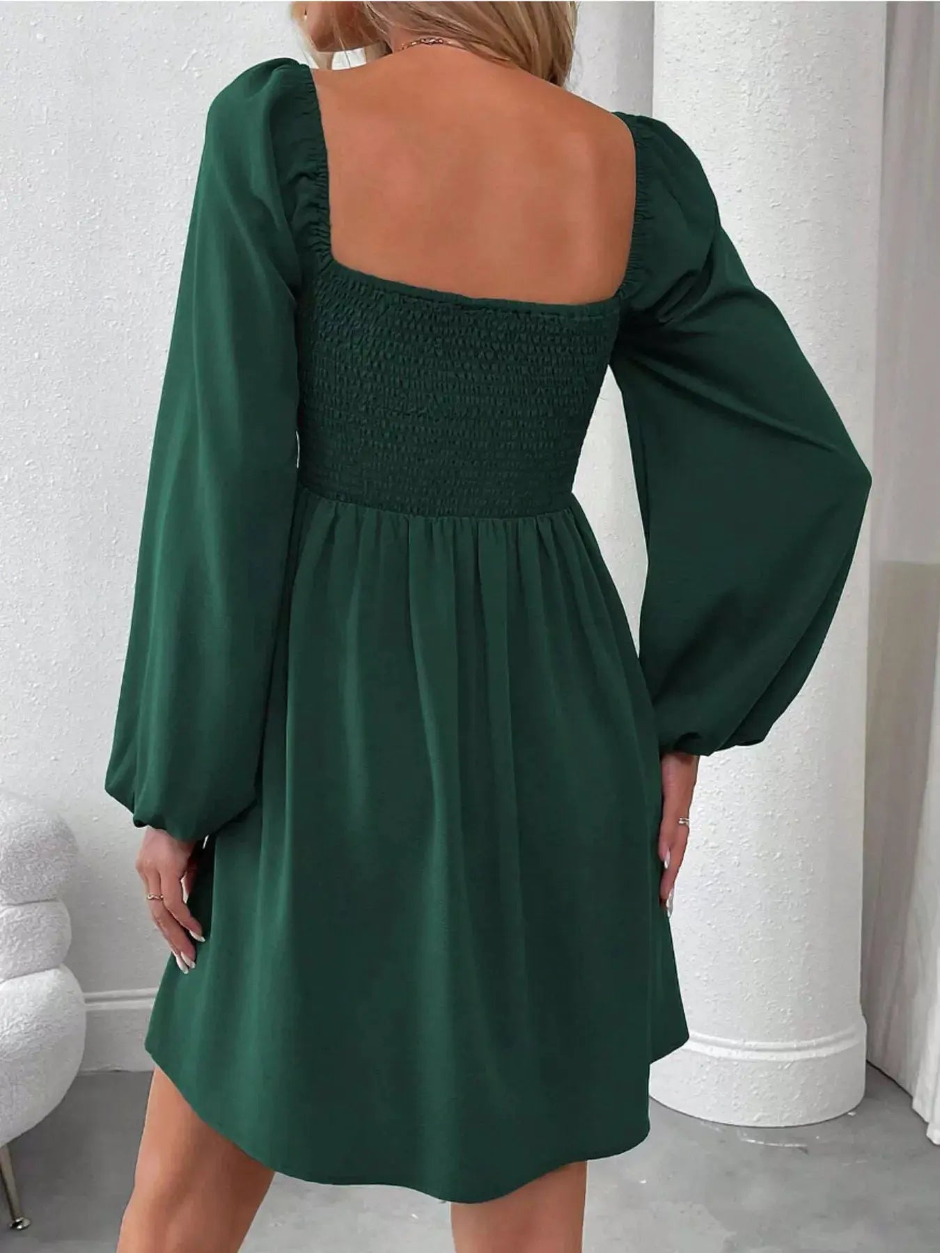Ruched Square Neck Long Sleeve A-Line Dress by Partner Label