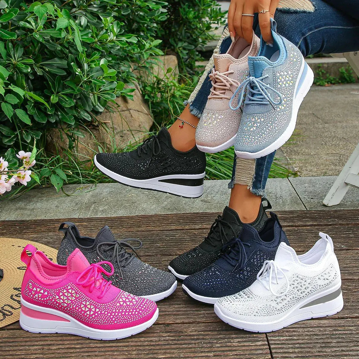 Breathable Mesh Rhinestone Wedge Athletic Sneakers by Partner Label