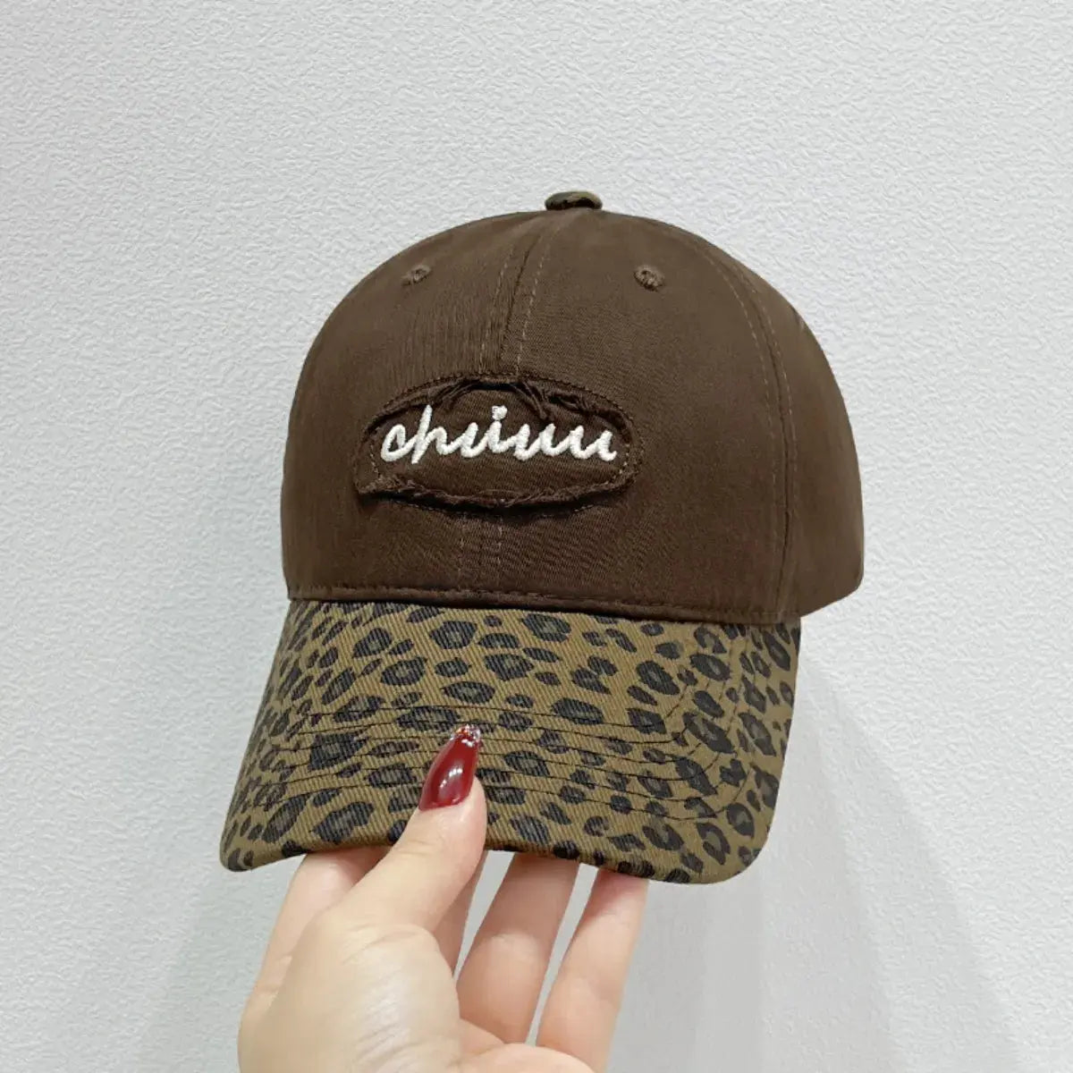 Leopard Print Baseball Cap with Embroidered Letter by Partner Label