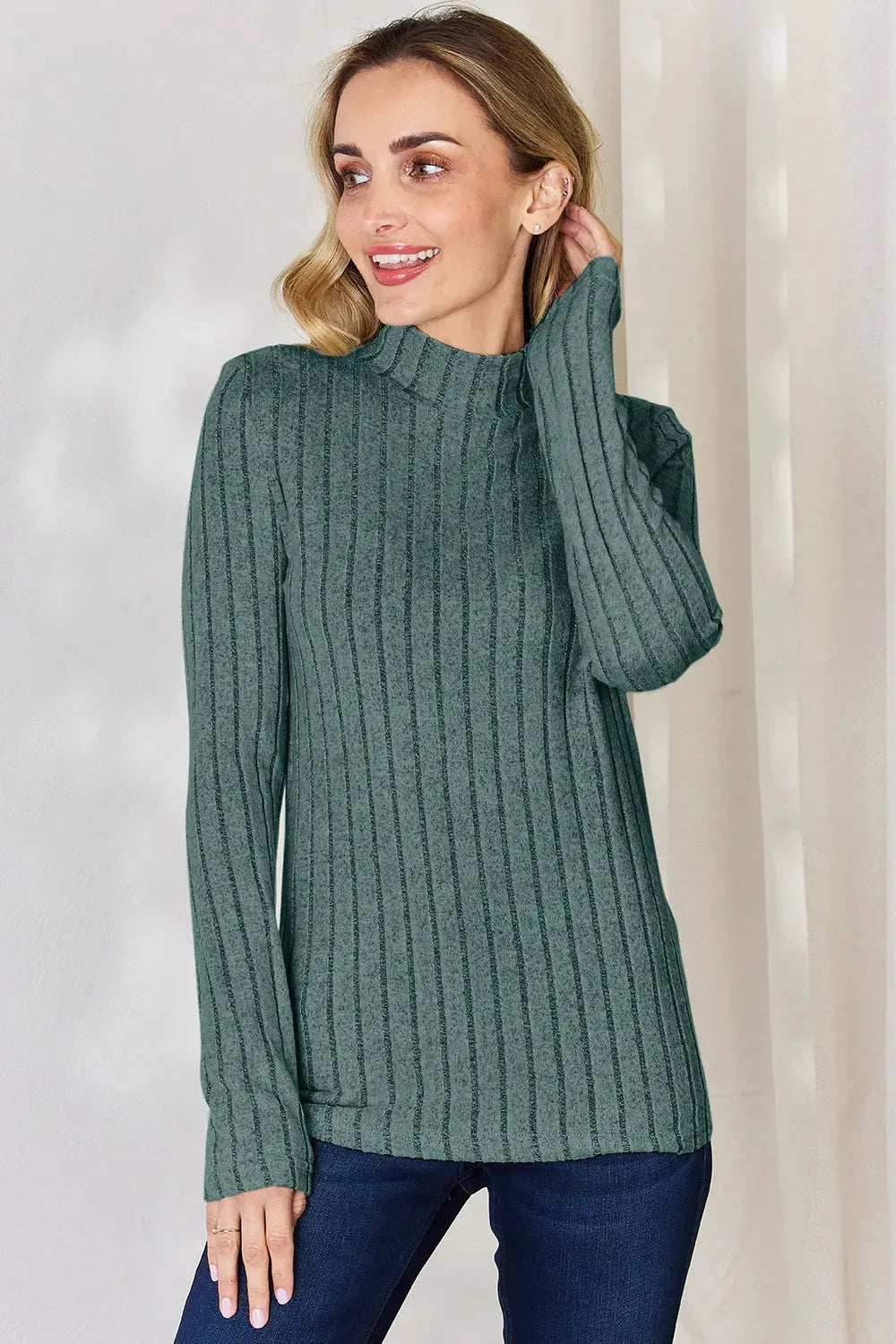 Basic Bae Full Size Ribbed Mock Neck Long Sleeve T-Shirt by Basic Bae