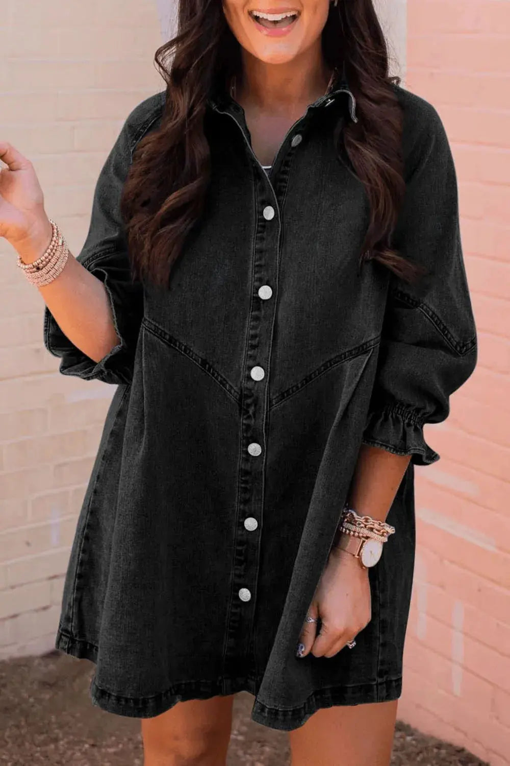 Distressed Collared Neck Flounce Sleeve Denim Dress by Partner Label