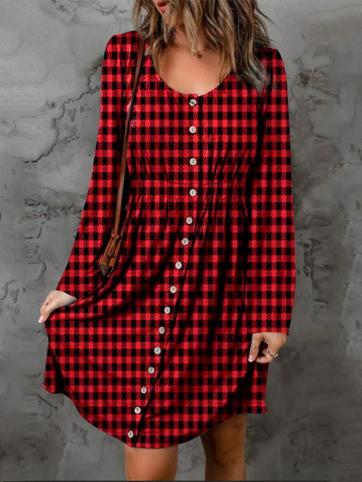 Double Take Full Size Plaid Round Neck Long Sleeve Magic Dress by Double Take