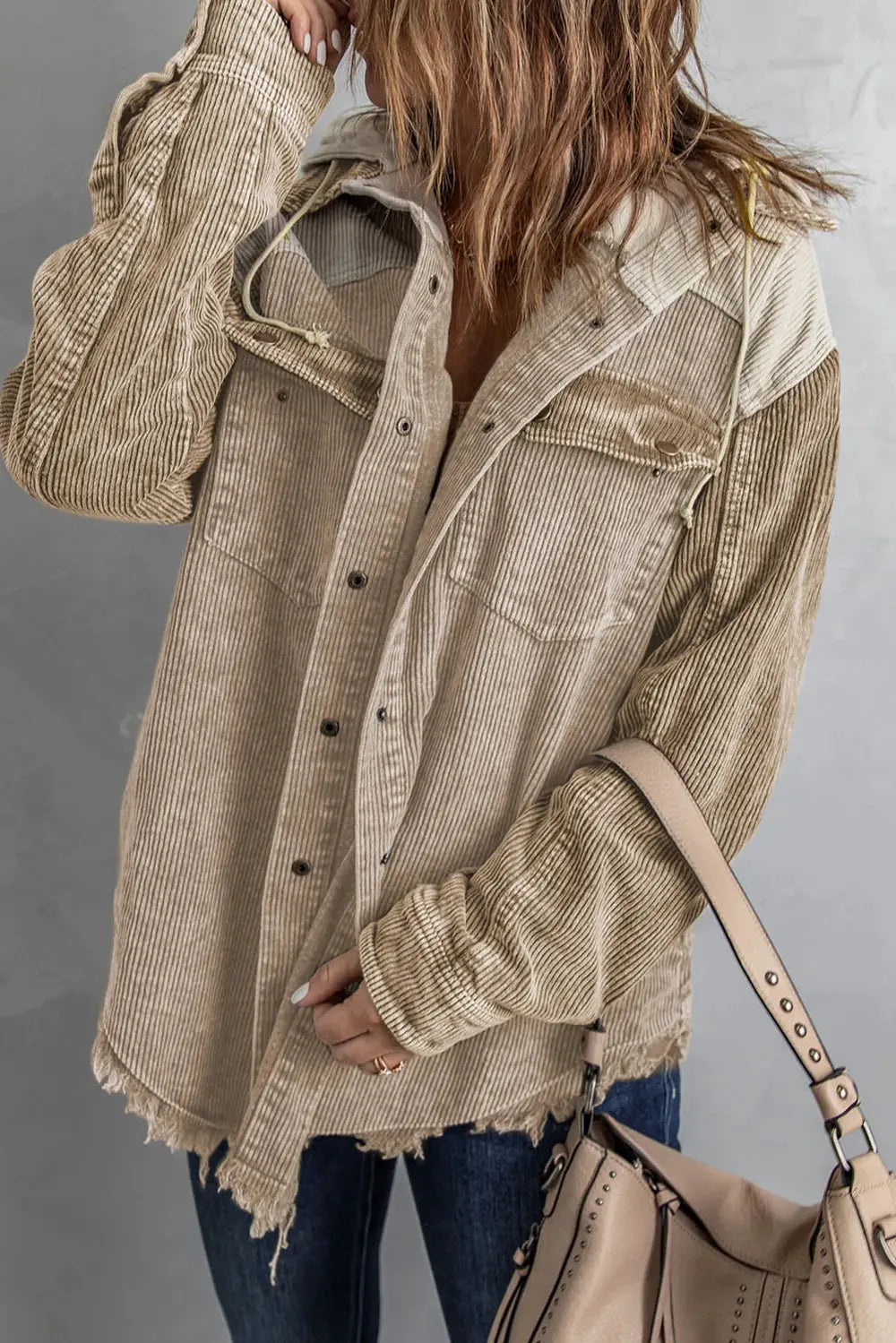 Snap Front Hooded Corduroy Shacket by Partner Label