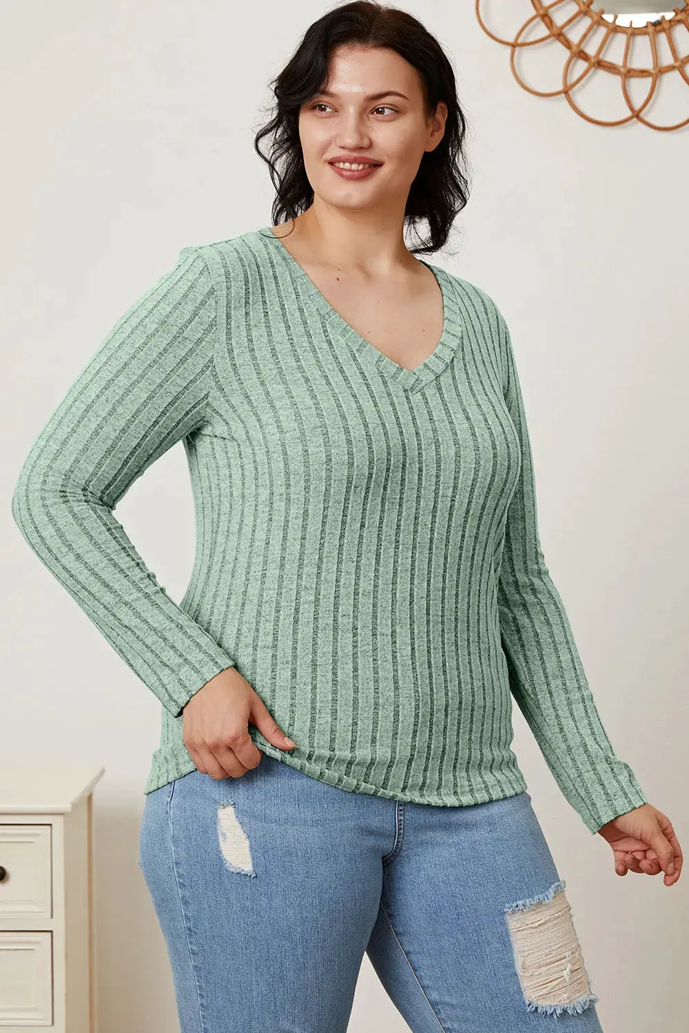 Full Size Ribbed V‑Neck Long Sleeve T‑Shirt | Partner Labels Selection by Partner Label