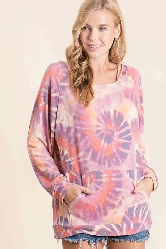 BiBi Circular Tie Dye Print Terry Hoodie with Kangaroo by BiBi