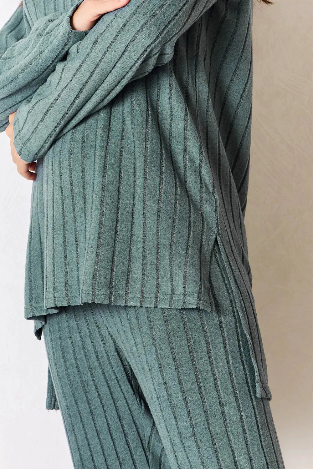 Basic Bae Full Size Ribbed Round Neck High-Low Slit Top and Pants Set by Basic Bae