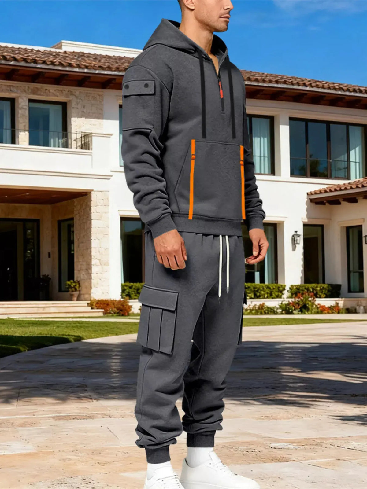 Men's Full Size Half Zip Hoodie and Cargo Pants Set Plus Size by Trendsi