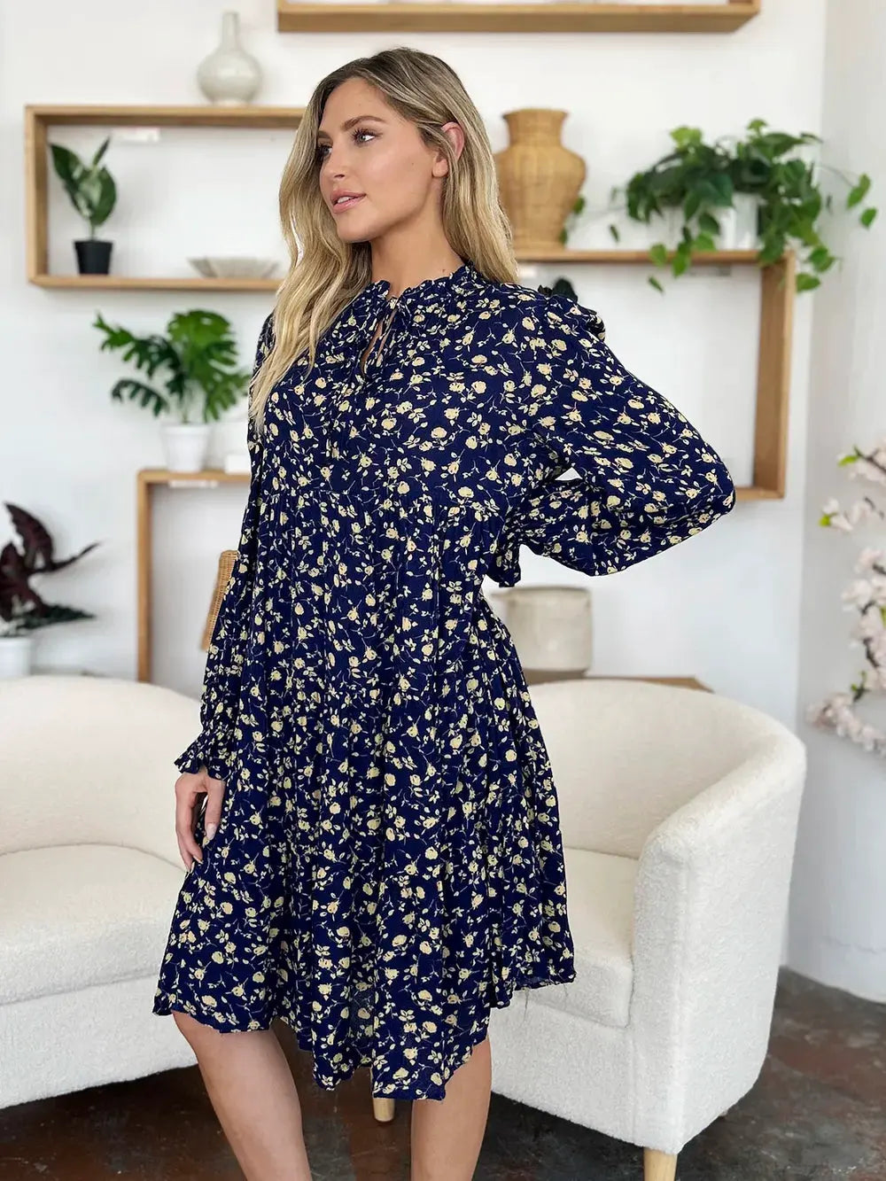 Double Take Full Size Printed Ruffle Hem Long Sleeve Tiered Dress by Double Take