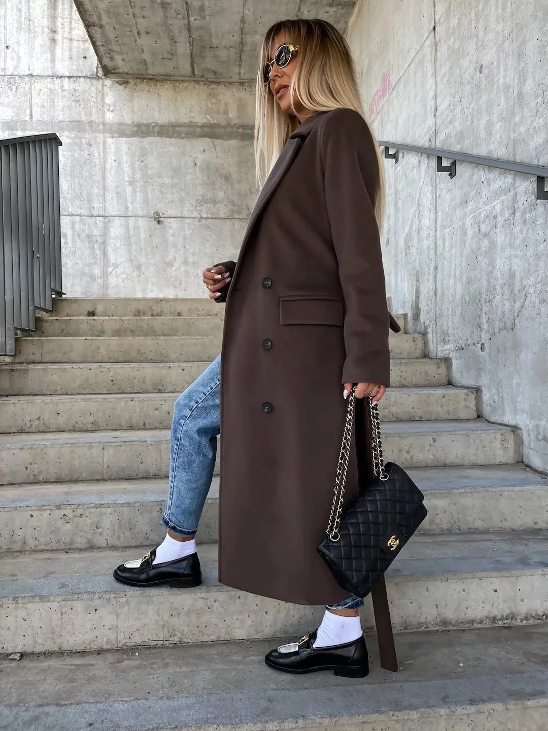 Double-breasted Lapel Split Jacket With Belt Winter Fashion Casual Long Sleeve Button Daily Coats For Women Clothing by Maiden-Art