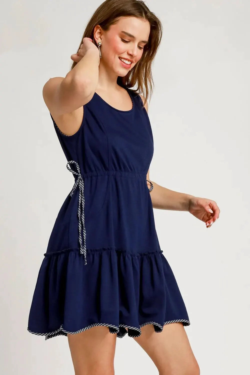 Umgee Frill Drawstring Waist Round Neck Mini Tank Dress by Umgee