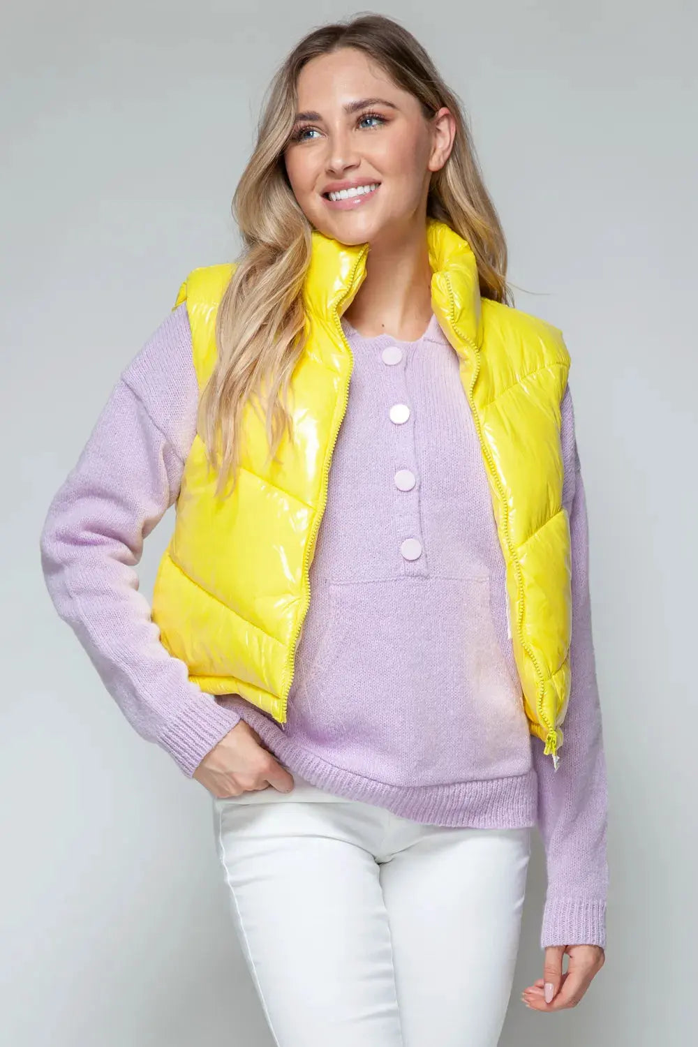 Snobbish Zip Up Turtleneck Shiny Quilted Vest by Snobbish