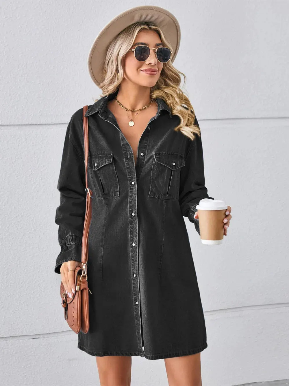 Pocketed Dropped Shoulder Mini Denim Dress by Partner Label