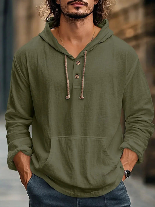 Men's Full Size Drawstring Long Sleeve Hoodie with Button Details Plus Size by Trendsi