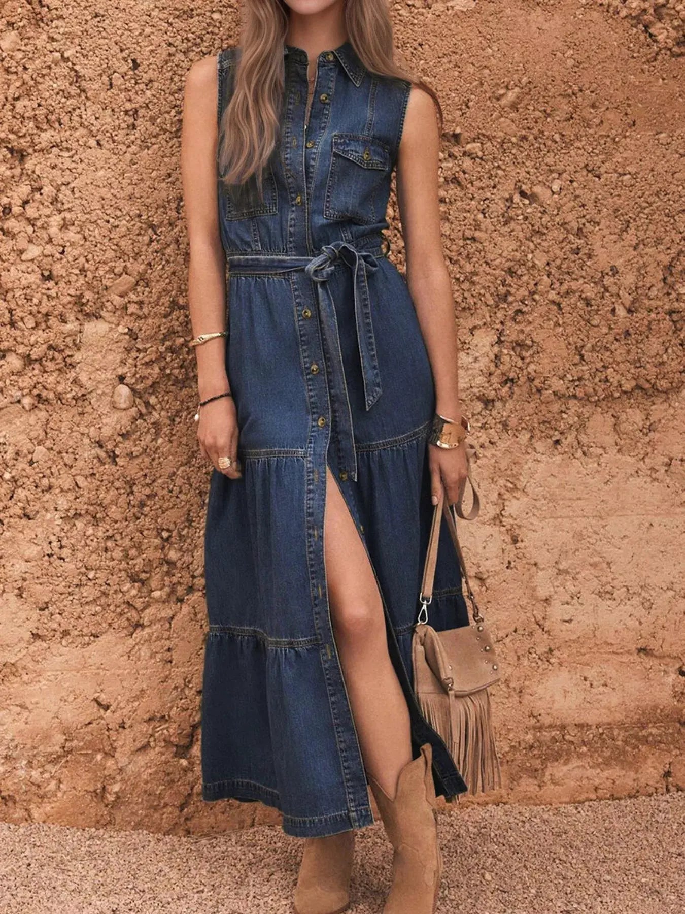 Button Front Sleeveless Denim Dress by Partner Label