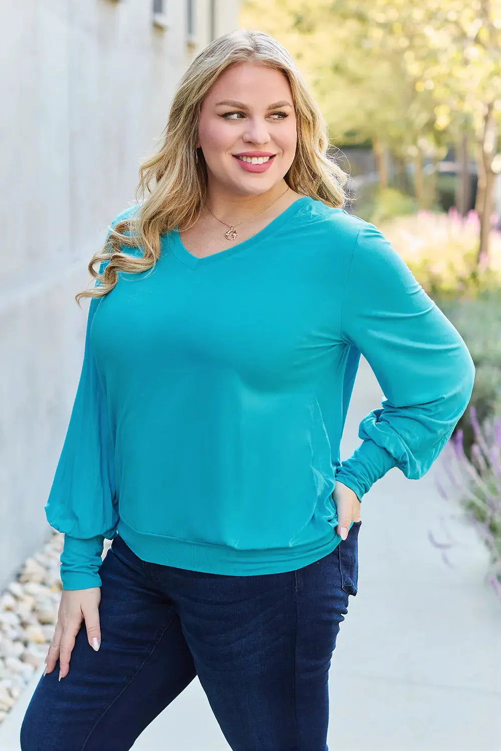 Basic Bae Full Size V-Neck Lantern Sleeve Top by Basic Bae