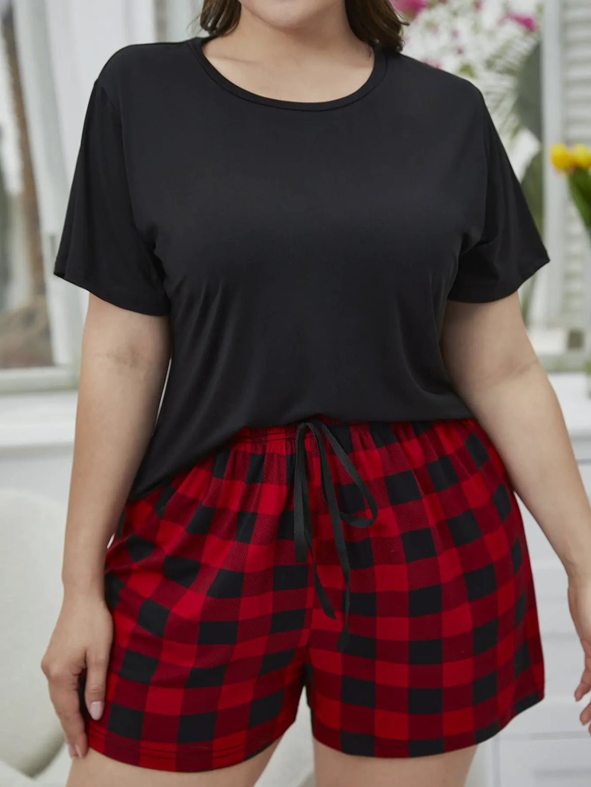 Plus Size Round Neck Tee Shirt and Plaid Shorts Lounge Set by Partner Label