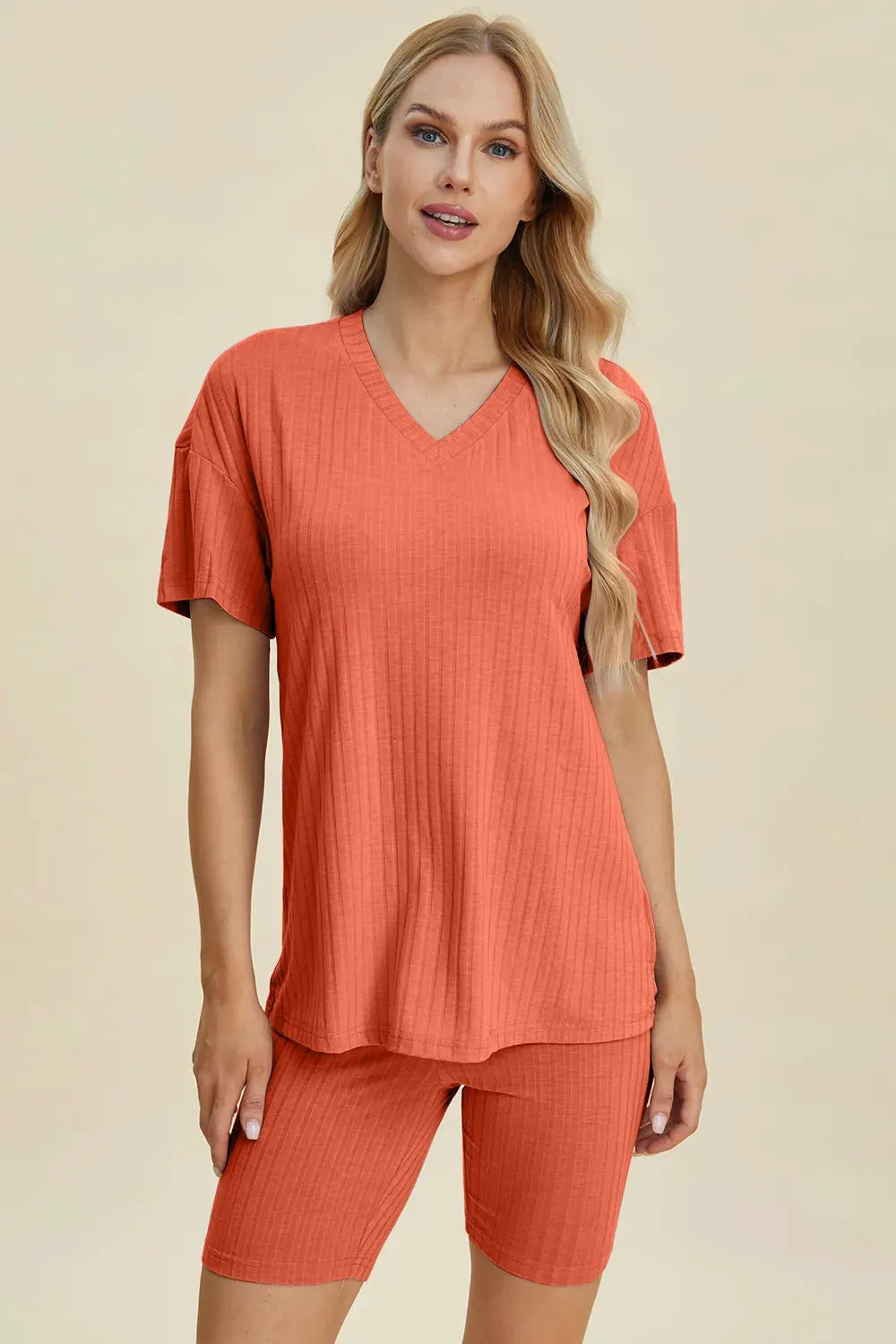 Basic Bae Full Size Ribbed V-Neck Short Sleeve Top and Shorts Set by Basic Bae