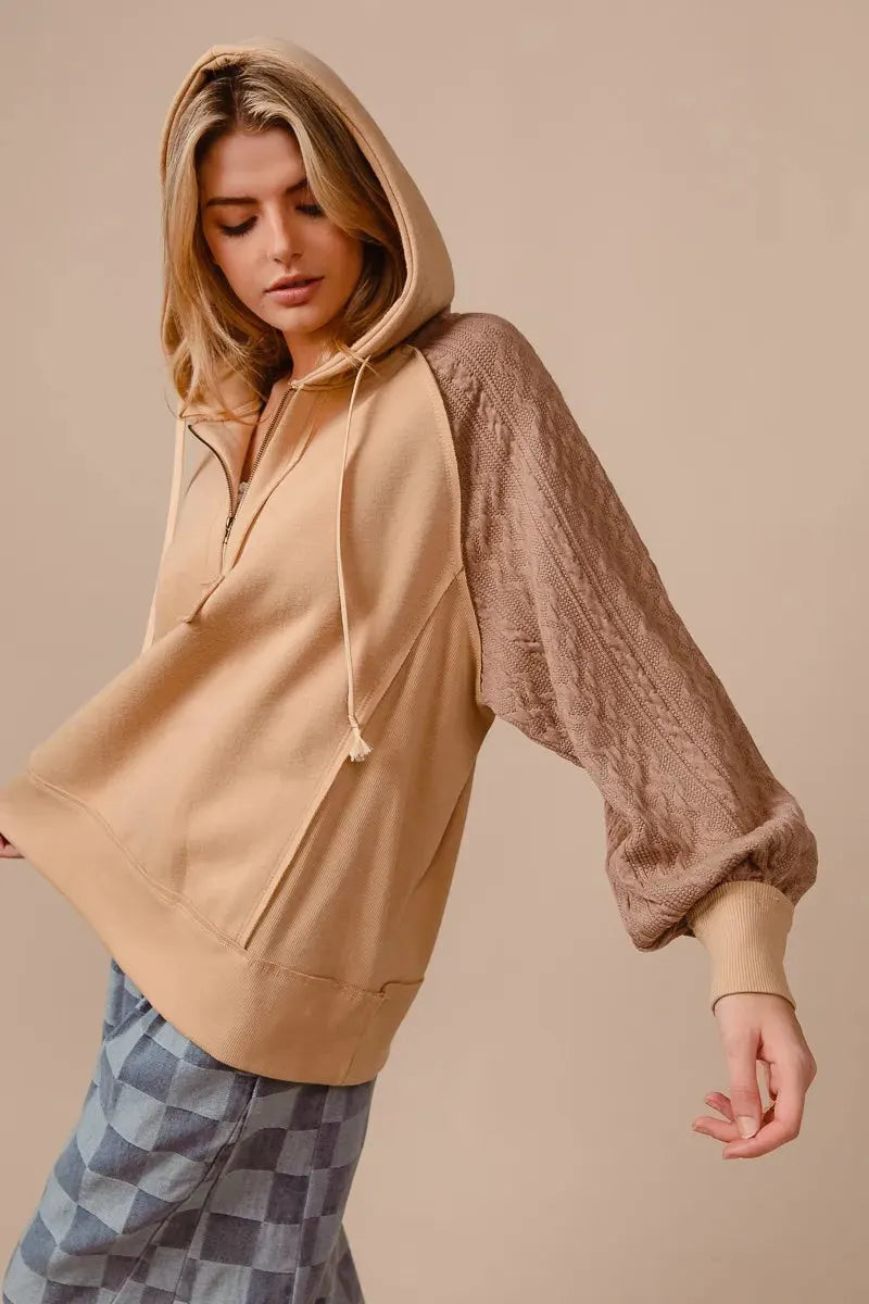 BiBi Half Zip French Terry Hoodie with Kint Sleeves by BiBi