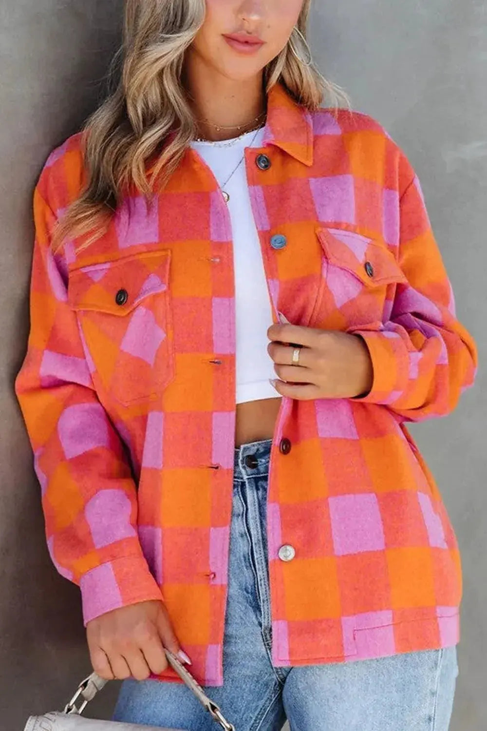 Plaid Collared Neck Button Up Jacket by Partner Label