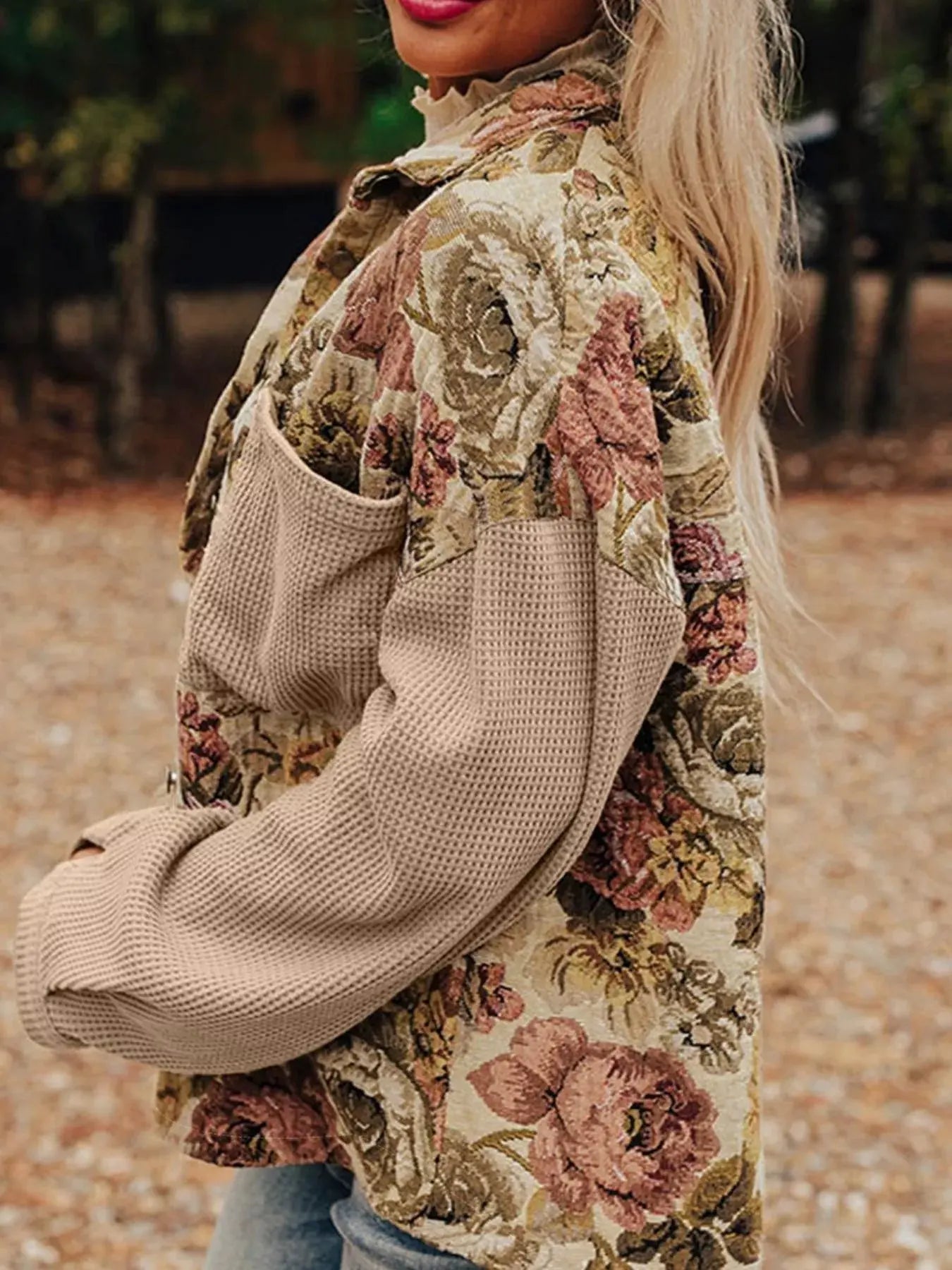 Floral Waffle Knit Patchwork Chest Pockets Buttoned Jacket by Partner Label