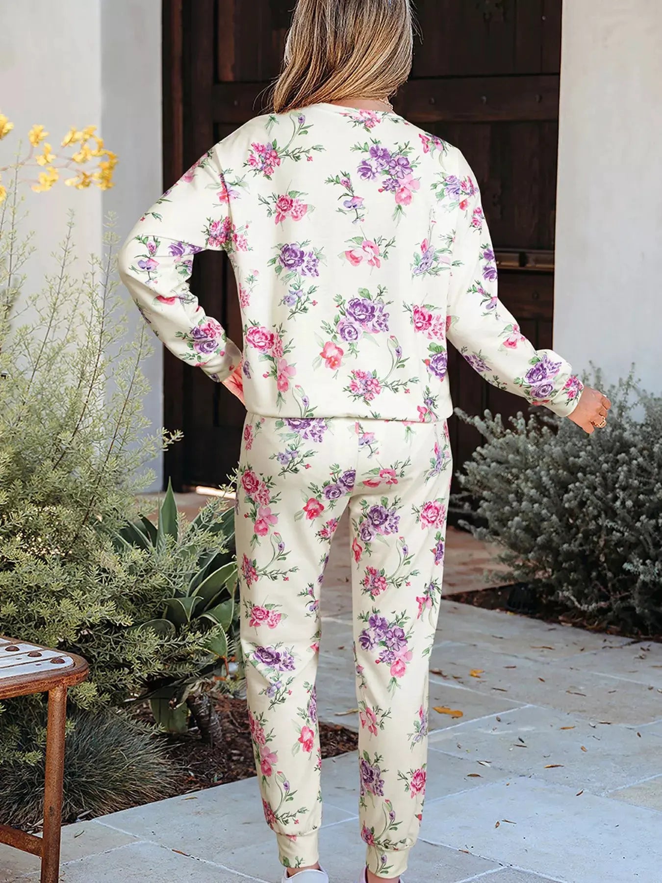 Floral Print Round Neck Top and Drawstring Pants Lounge Set by Partner Label