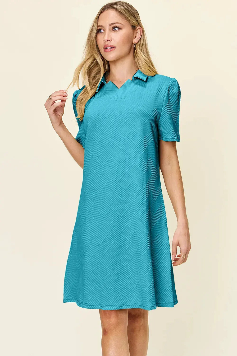 Double Take Full Size Texture Collared Neck Short Sleeve Dress by Double Take