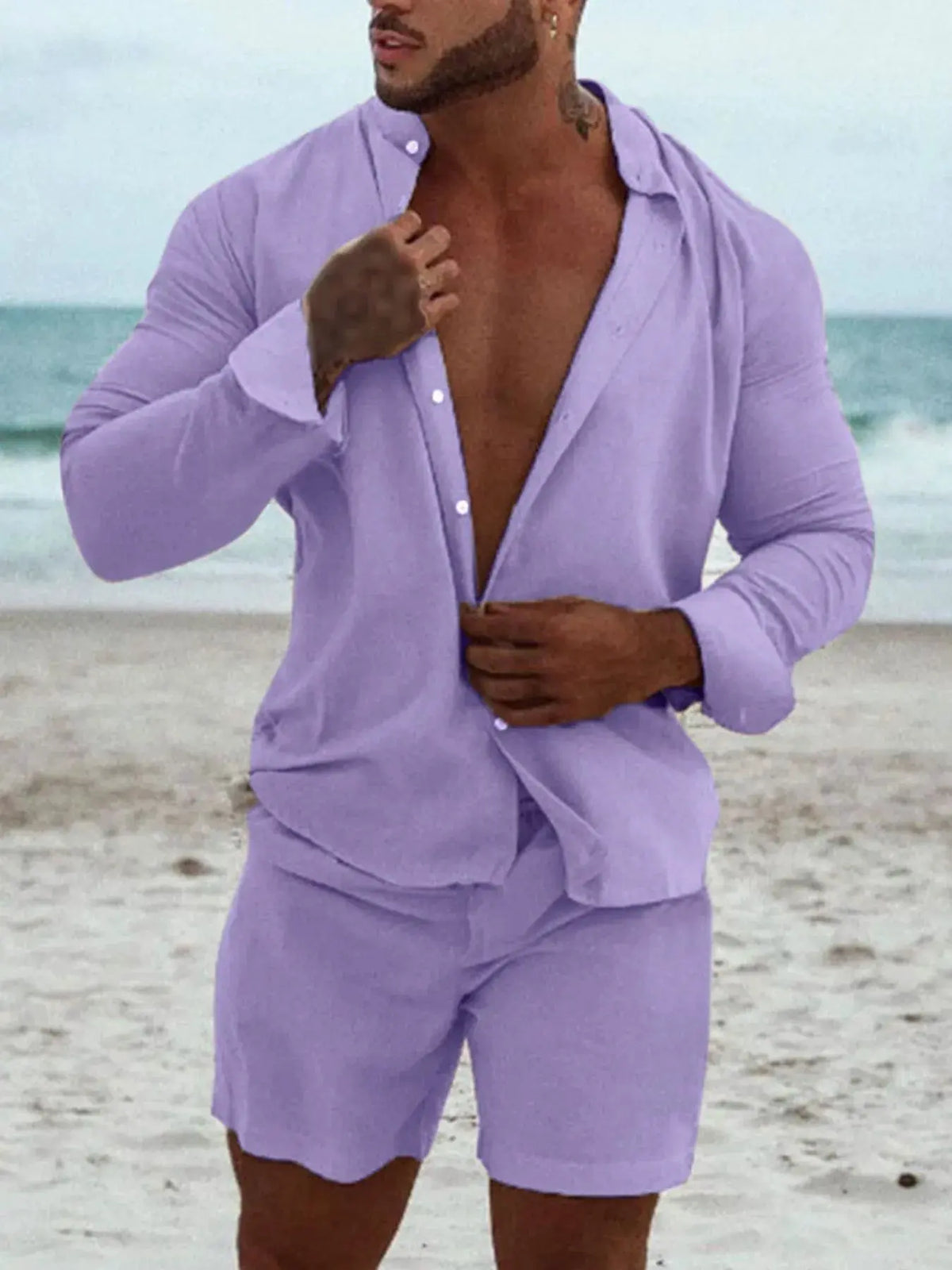 Men's Full Size Button Up Long Sleeve Shirt and Shorts Set Plus Size by Trendsi