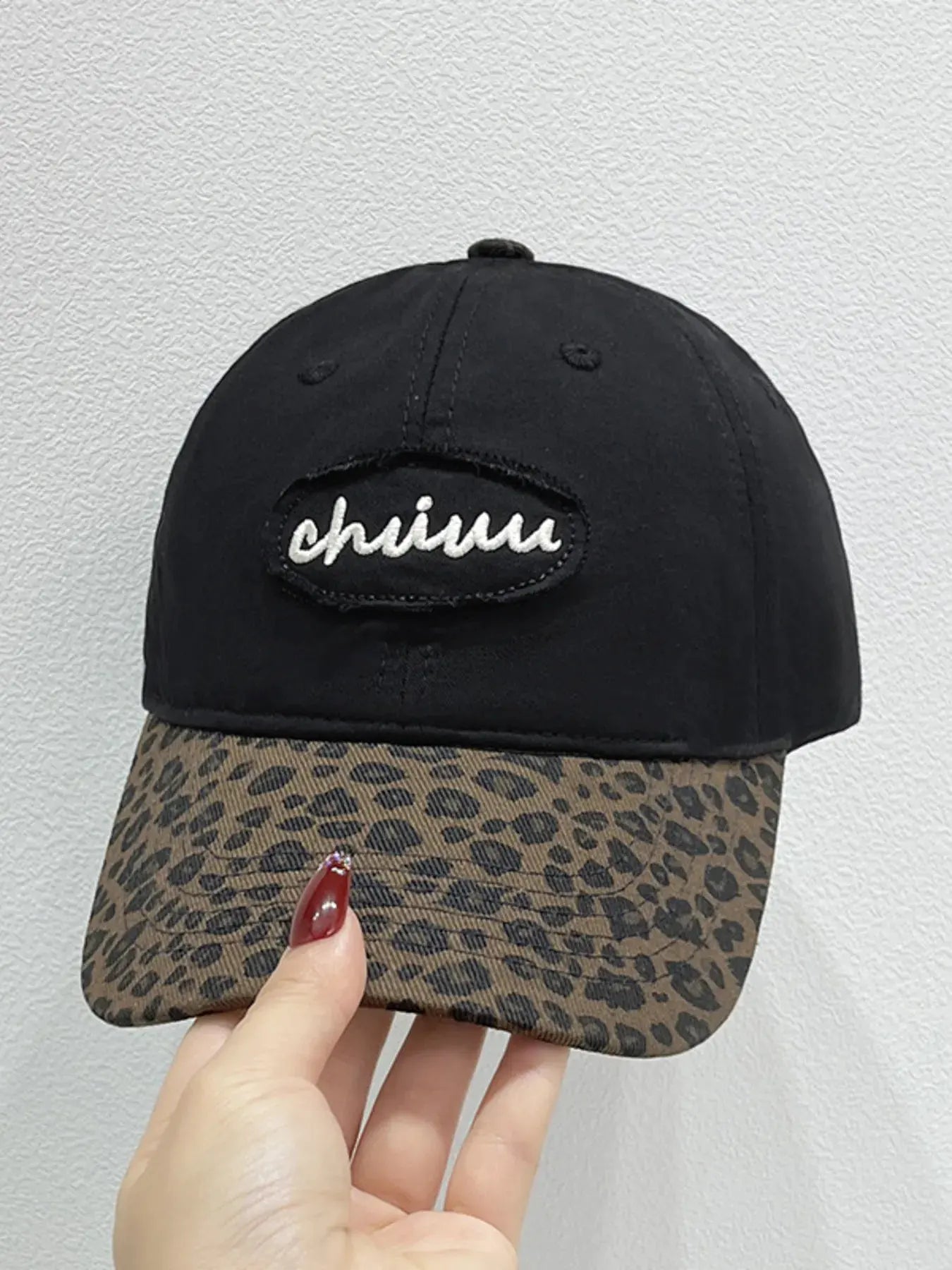 Leopard Print Baseball Cap with Embroidered Letter by Partner Label