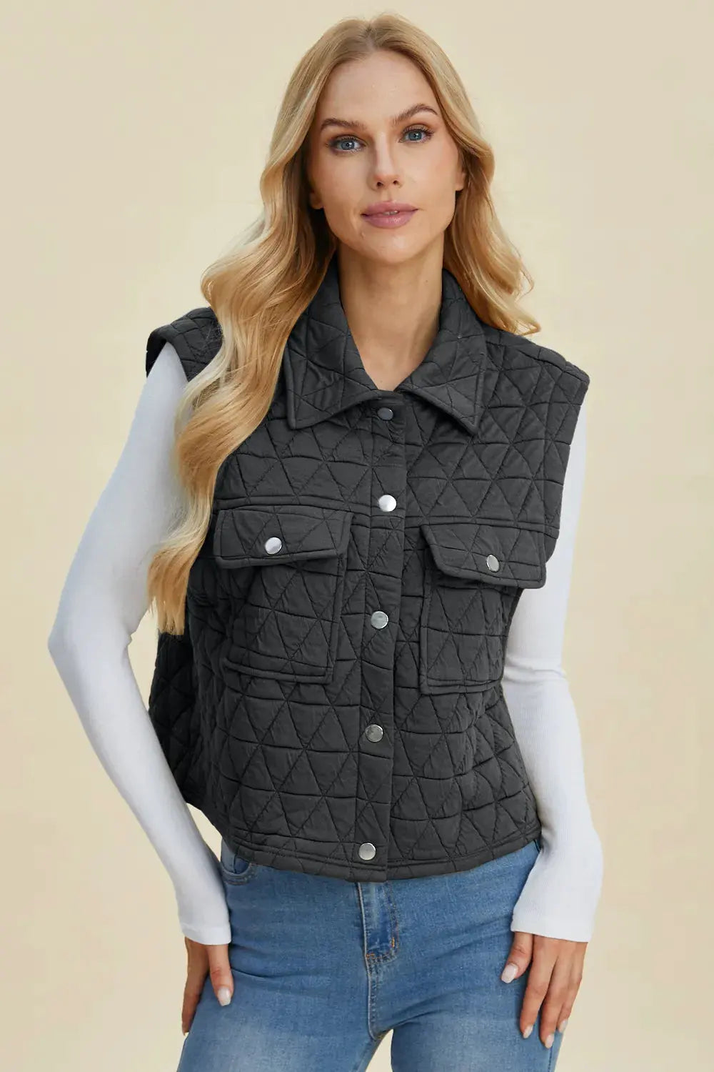 Double Take Full Size Pocketed Texture Snap Down Vest Coat by Double Take