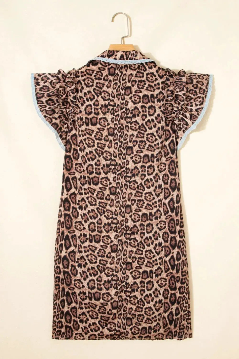 Leopard Print Lace Trim Shirt Collar Button Down Loose Mini Dress by Partner Label
