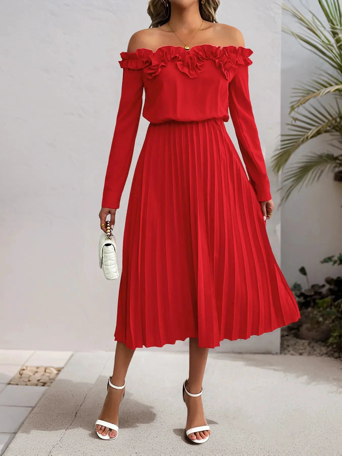 Off-Shoulder Ruffle Pleated Midi Dress by Partner Label
