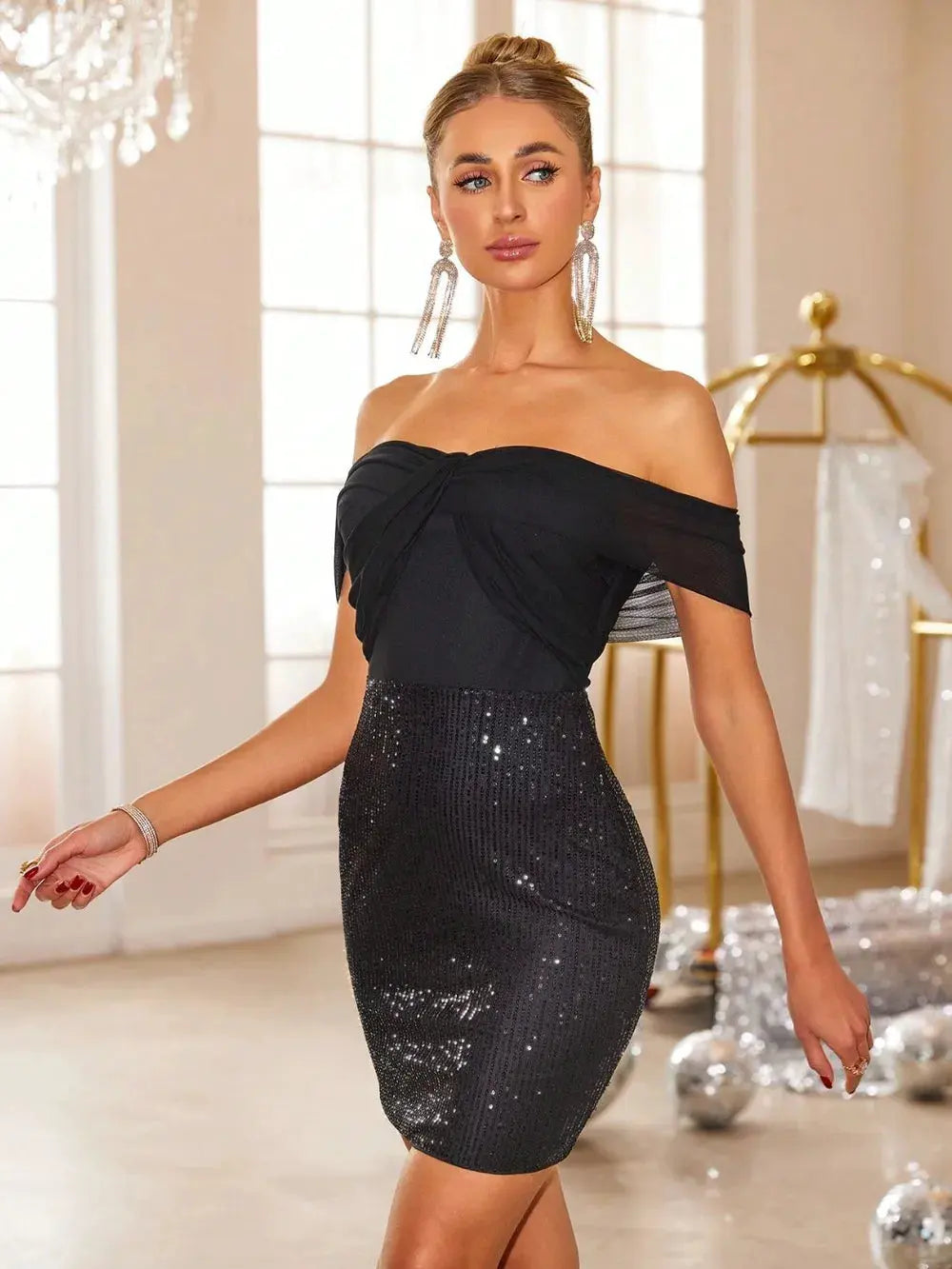 Backless Sequin Off Shoulder Short Sleeve Dress by Partner Label