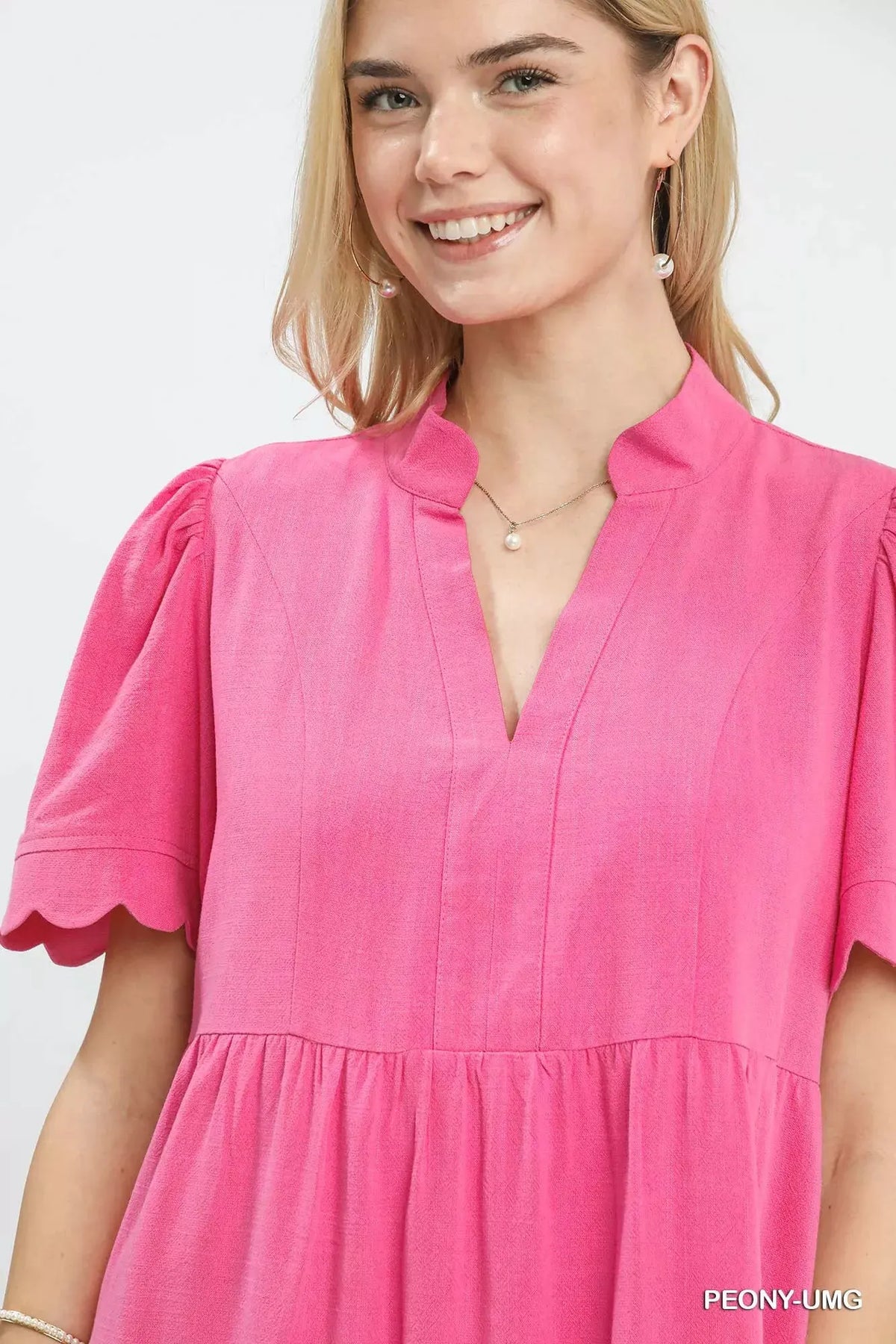 Umgee Linen Tiered Babydoll Dress with Scalloped Sleeves by Umgee