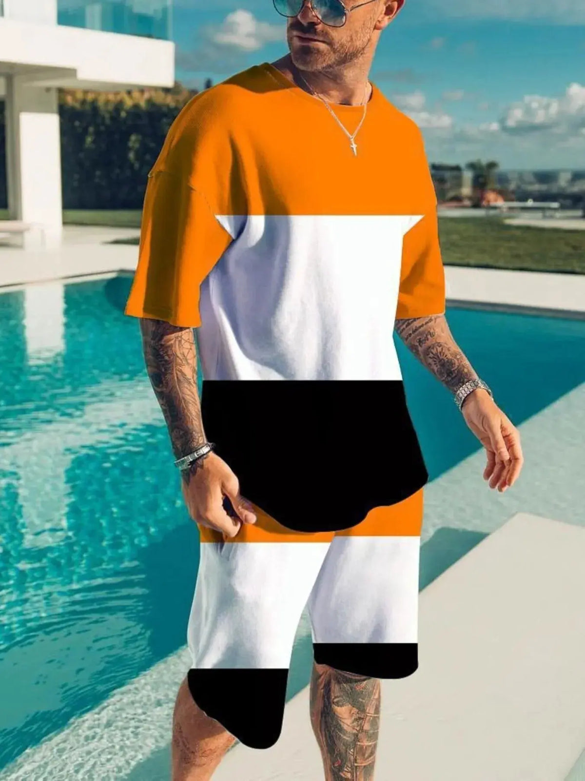 Men's Full Size Color Block Tee and Shorts Set Plus Size by Trendsi