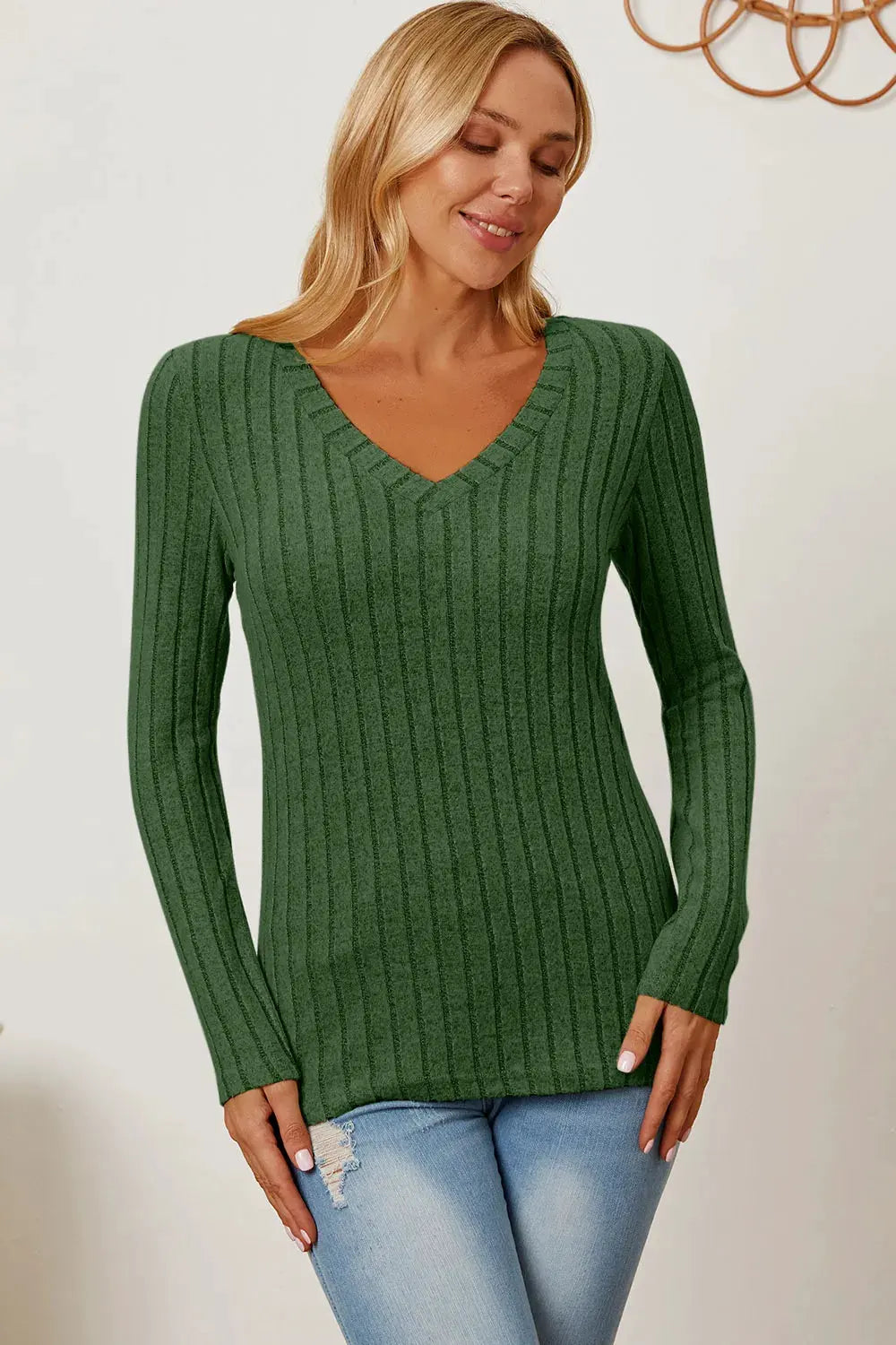 Full Size Ribbed V‑Neck Long Sleeve T‑Shirt | Partner Labels Selection by Partner Label