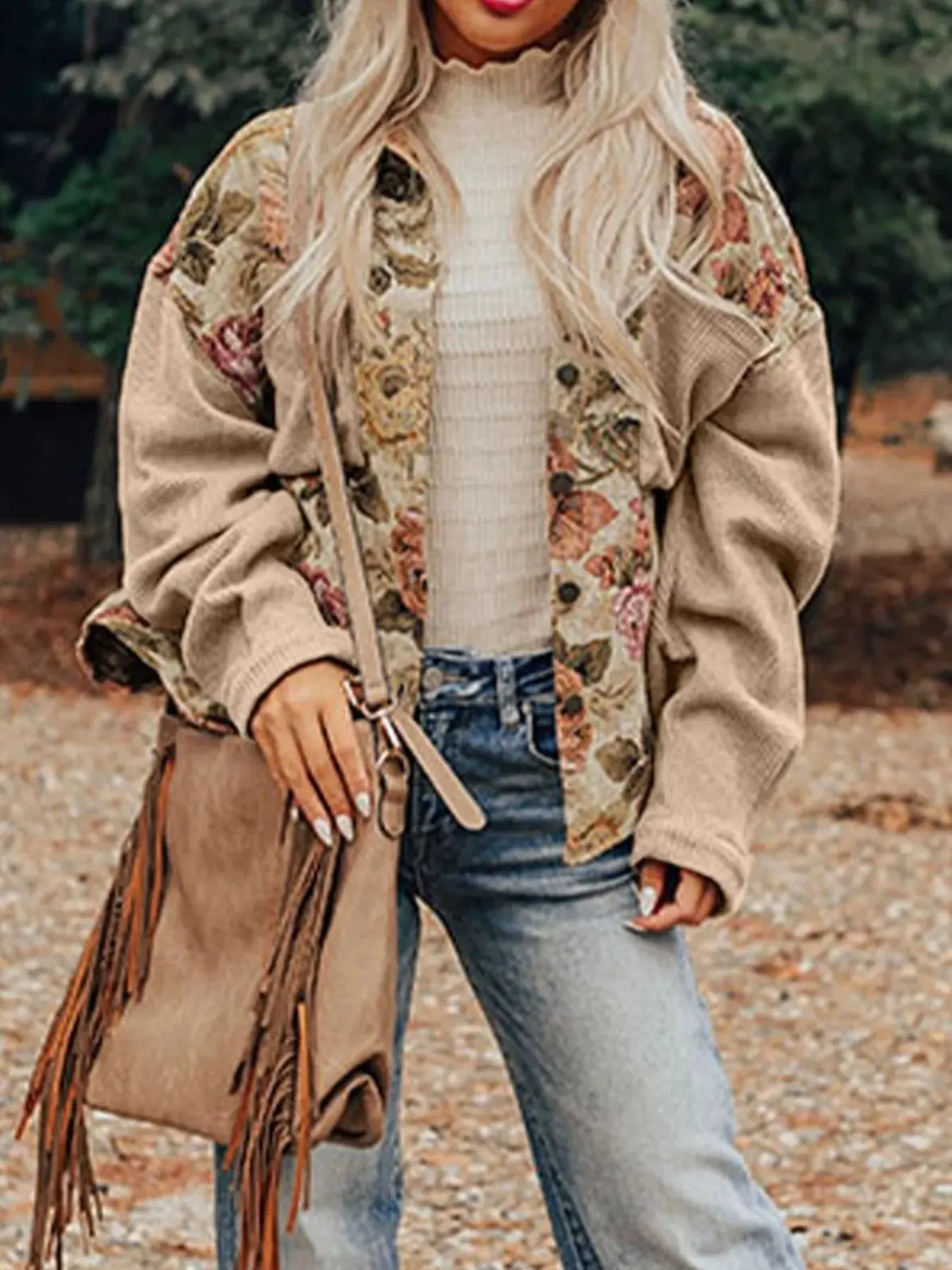 Floral Waffle Knit Patchwork Chest Pockets Buttoned Jacket by Partner Label