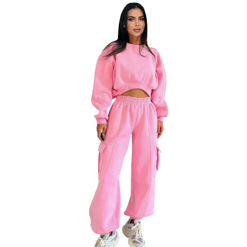 European And American Autumn New Round Neck High Waist Sweater Pocket Loose Sweatpants Suit by Maiden-Art