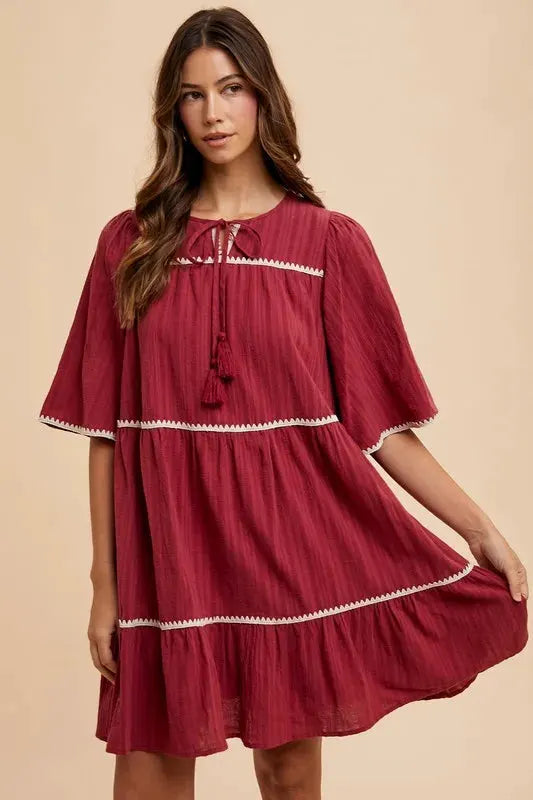 Annie Wear Tassel Contrast Trim Tie Neck Half Sleeve Tiered Dress by Annie Wear