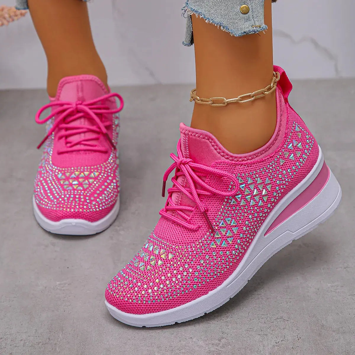 Breathable Mesh Rhinestone Wedge Athletic Sneakers by Partner Label