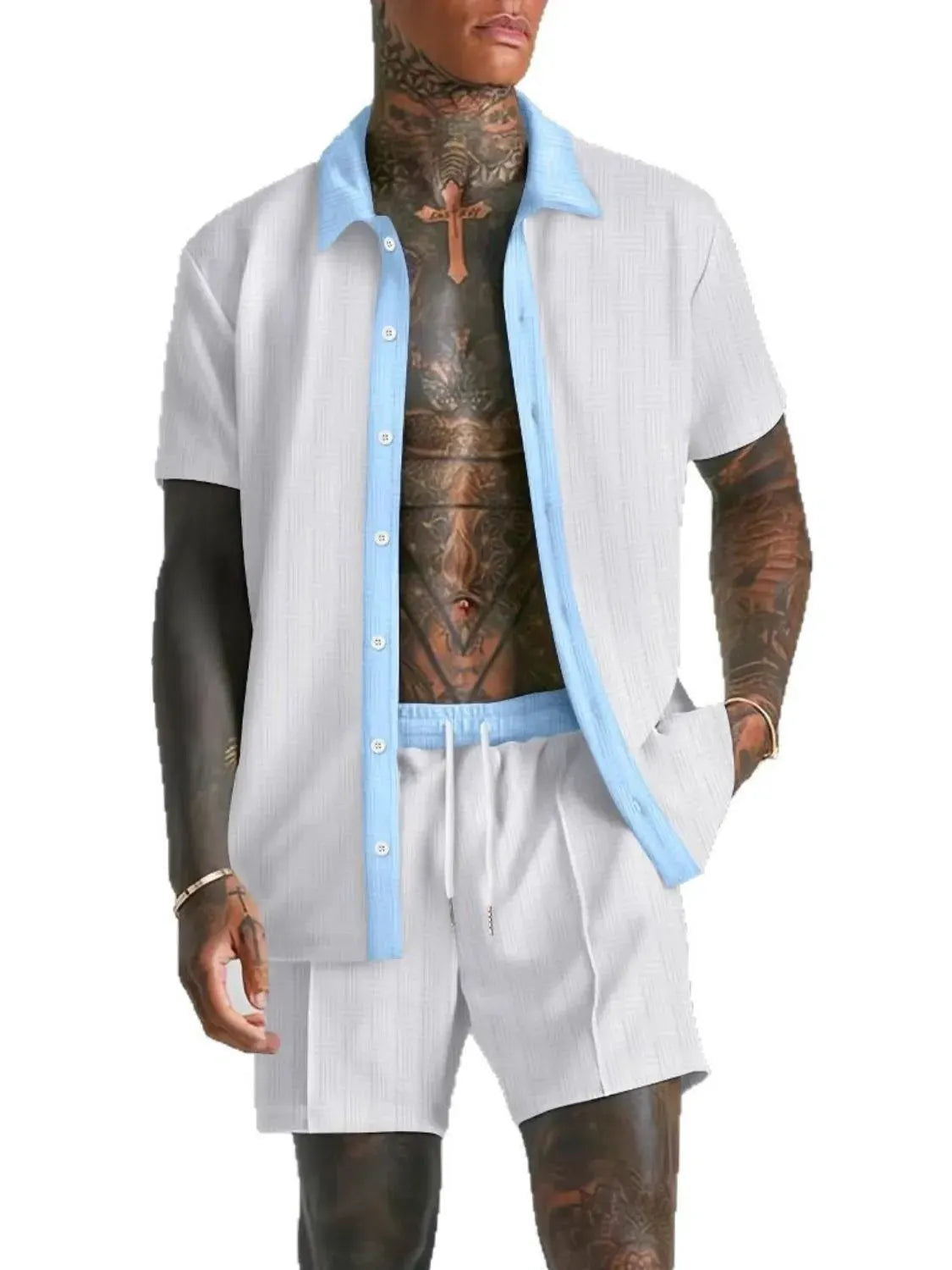 Men's Full Size Collared Neck Short Sleeve Top and Shorts Set Plus Size by Trendsi