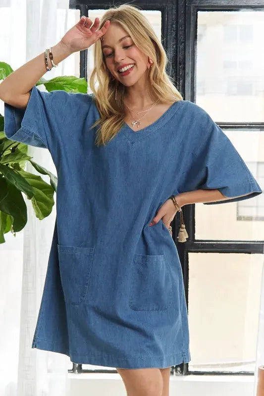 ADORA V-Neck Half Sleeve Mini Denim Dress by Partner Label