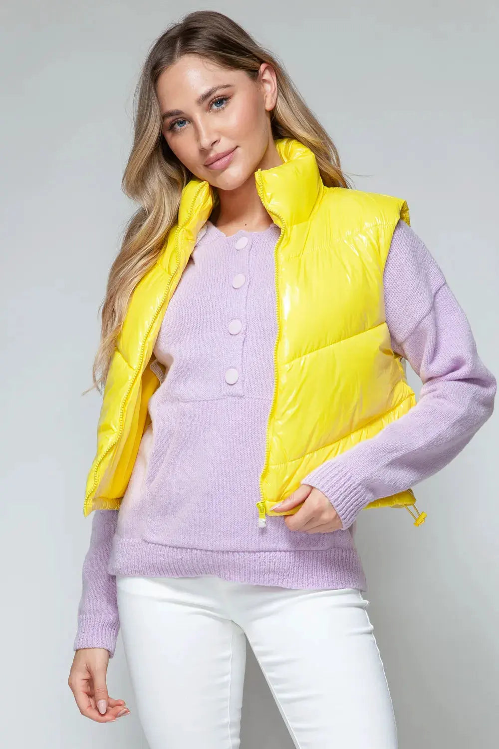 Snobbish Zip Up Turtleneck Shiny Quilted Vest by Snobbish