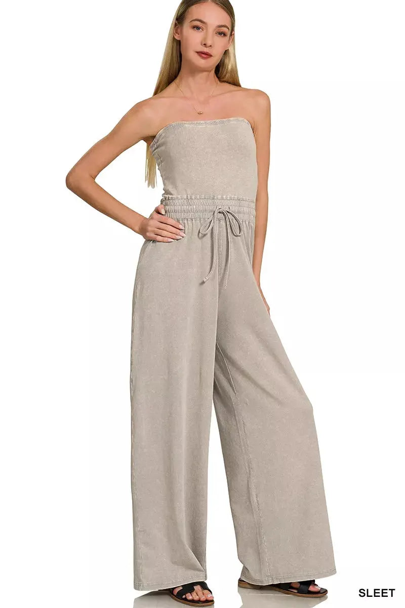 Zenana Acid Washed Strapless Tube Top Jumpsuit by Zenana
