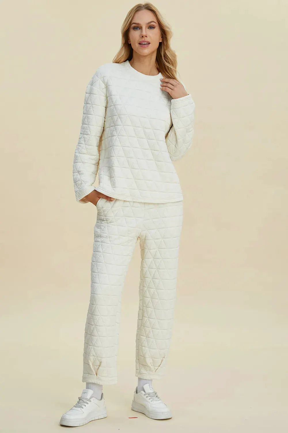 Double Take Full Size Texture Round Neck Long Sleeve Top and Pants Set by Double Take