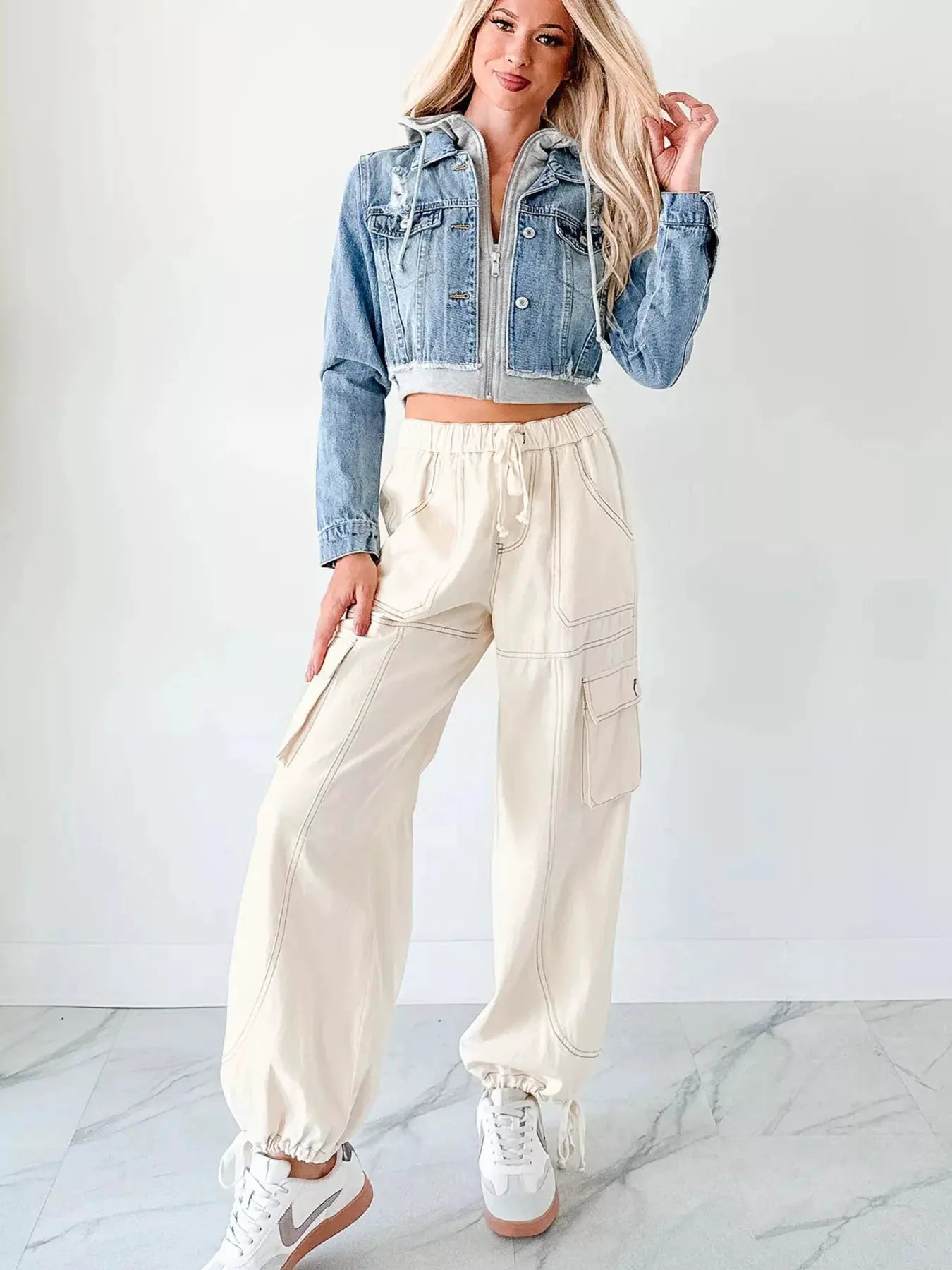 Distressed Zip Up Cropped Hooded Denim Jacket by Partner Label
