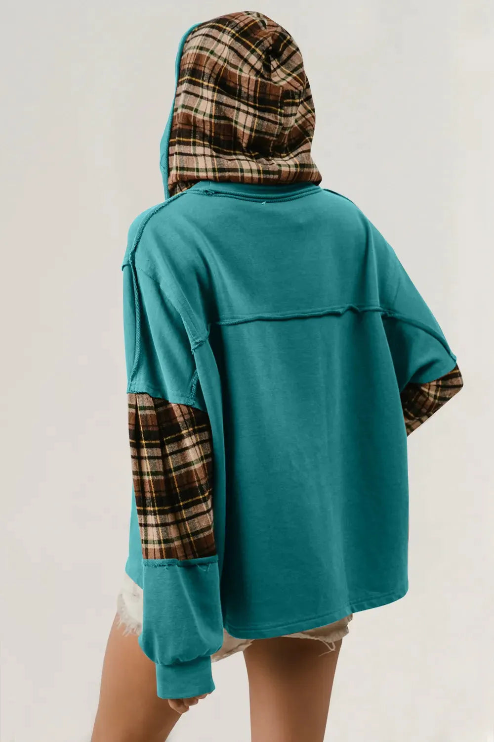 Double Take Drawstring Plaid Star Patch Long Sleeve Hoodie by Partner Label