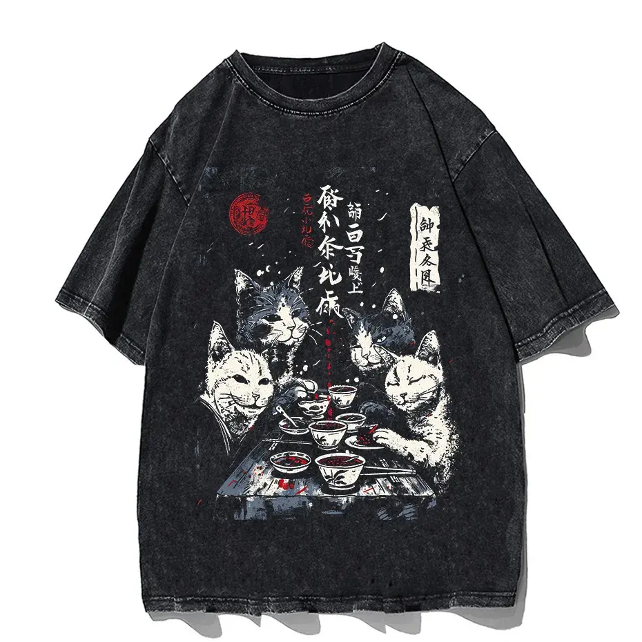 Japanese Cat Cartoon Graphic Baggy T-Shirt Men Streetwear by Vimost Shop