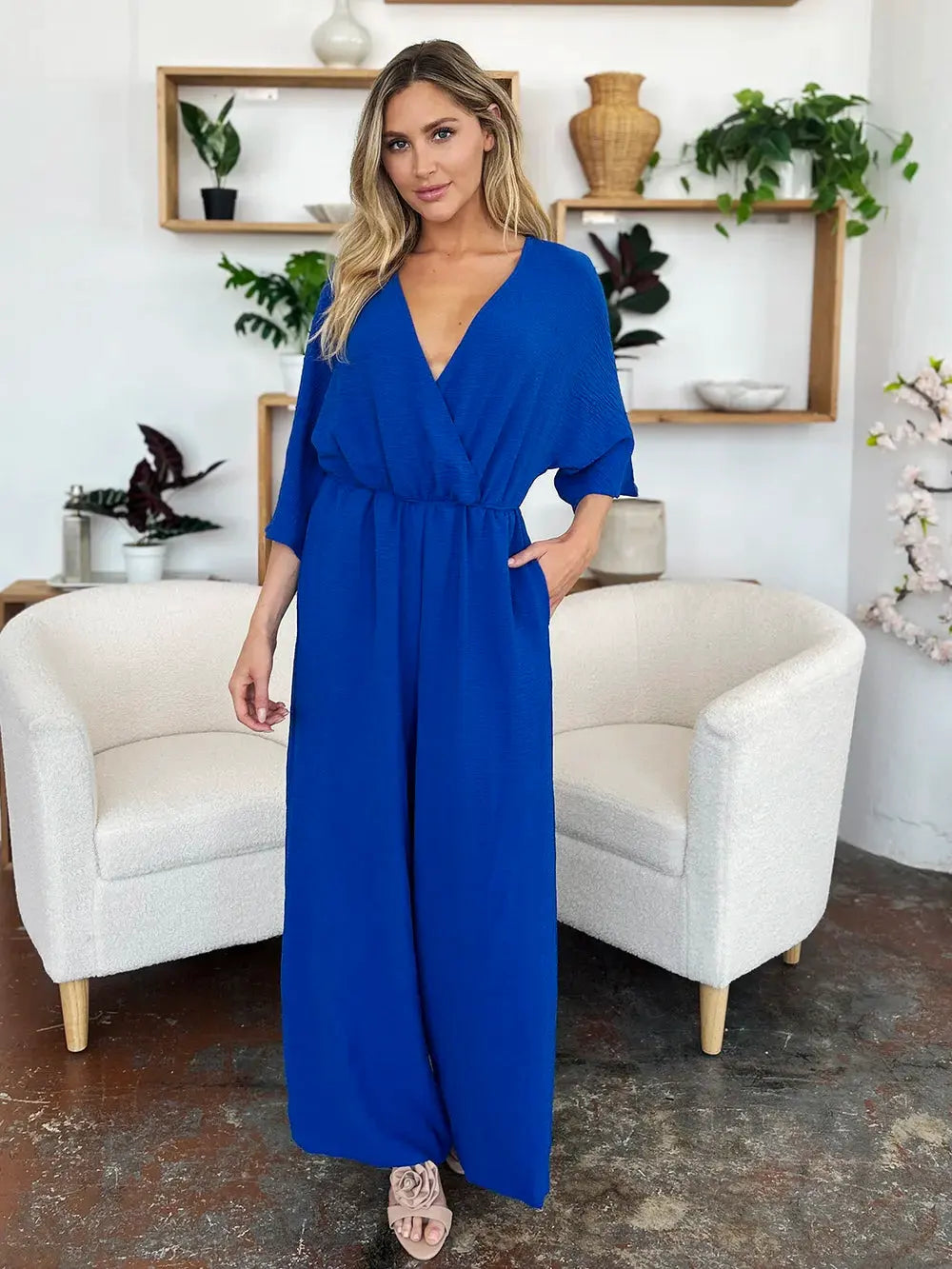Double Take Full Size Surplice Wide Leg Jumpsuit with Pockets by Double Take