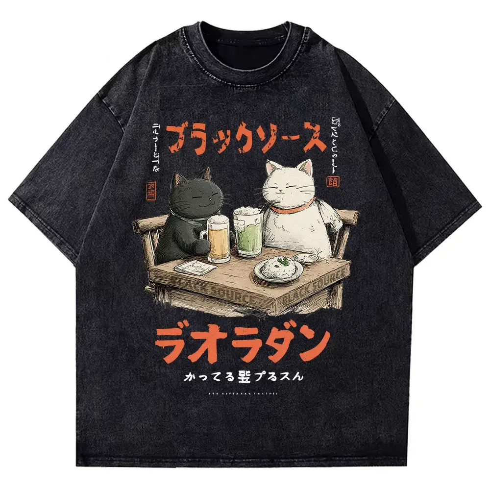 Funny Drinking Cat Japanese Harajuku Streetwear T-Shirt Cotton Unisex by Vimost Shop